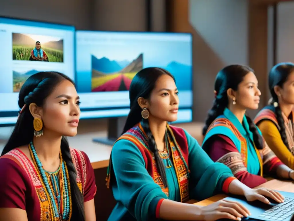 Un grupo de estudiantes de quechua aprendiendo desde casa con entusiasmo y determinación, rodeados de textiles y elementos culturales quechuas