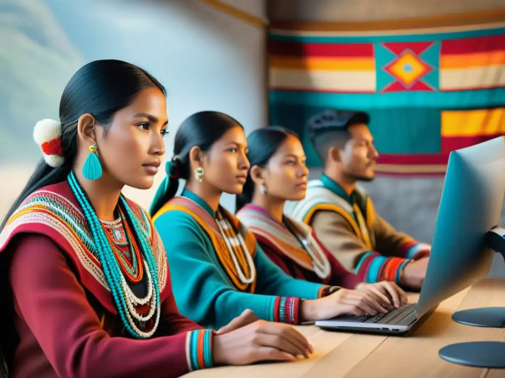 Grupo de estudiantes quechuas participando en cursos online de quechua, fusionando tradición y tecnología en un aula iluminada