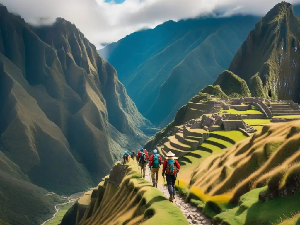 Un grupo de excursionistas modernos recorriendo los Caminos del Inca contemporáneos, entre montañas andinas y vestigios incas