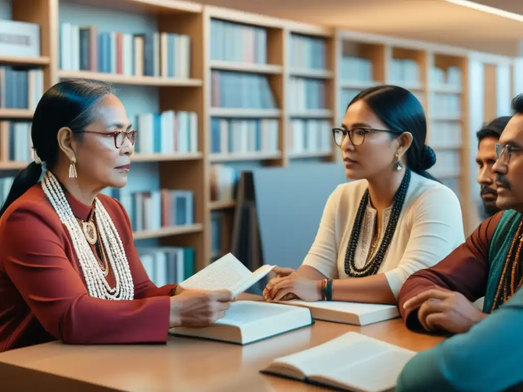 Un grupo de expertos en idiomas indígenas examina publicaciones especializadas en una mesa rodeada de libros en un ambiente académico y colaborativo