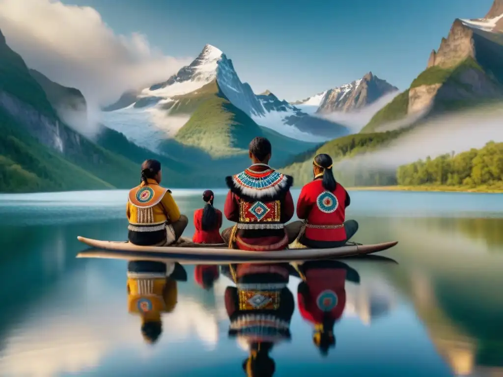 Un grupo de Guardianes del Agua indígenas se reflejan en un lago de montaña, vistiendo atuendos tradicionales y símbolos de protección