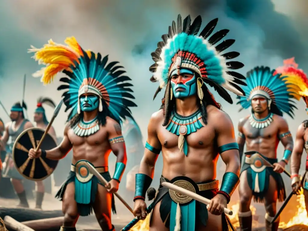 Grupo de guerreros Aztecas en formación de batalla con tácticas guerreras antiguas Aztecas