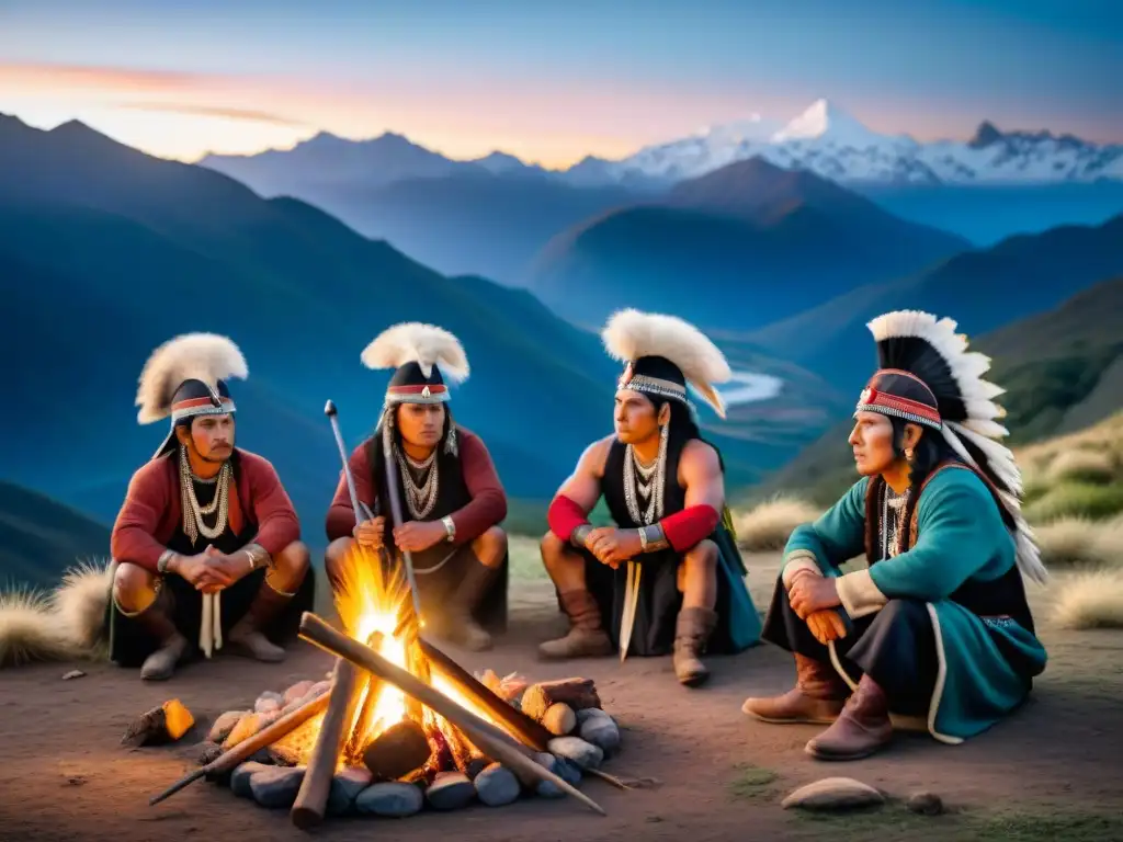 Un grupo de guerreros indígenas Mapuche en la montaña, preparándose para la resistencia en Cusi Cusi, Argentina