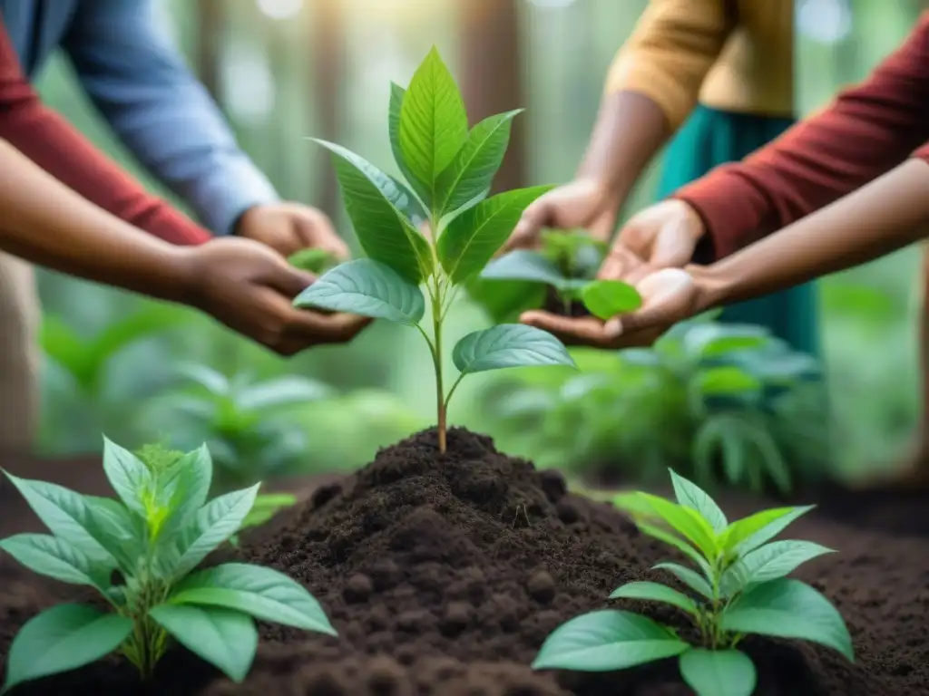 Grupo indígena planta árboles en bosque, mostrando impacto cultural y espiritual de la reforestación