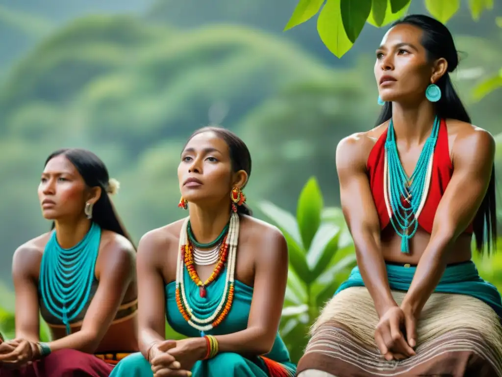 Grupo indígena en actividad cultural rodeado de vegetación exuberante y vestimenta tradicional colorida