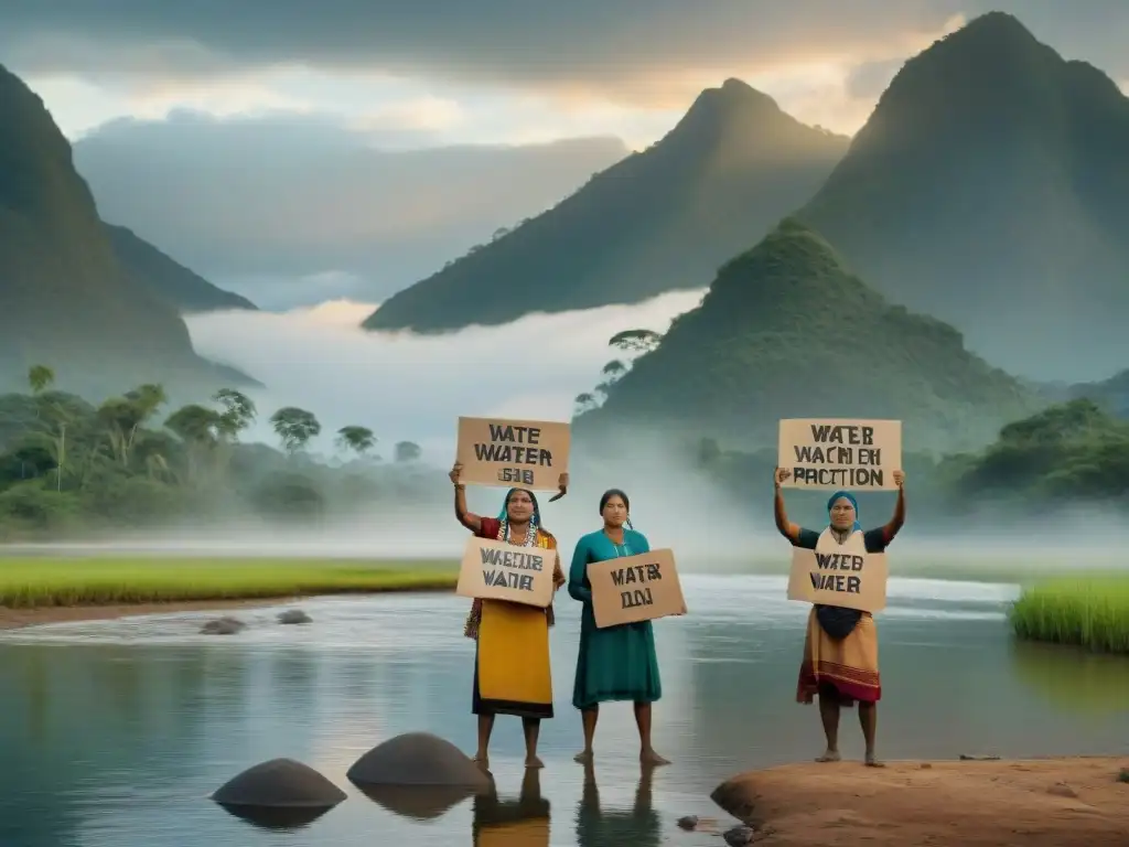 Grupo indígena luchando por el agua en un río, con pancartas en la naturaleza exuberante y serena