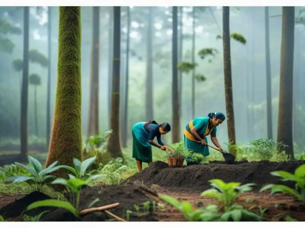 Un grupo indígena planta árboles en un bosque exuberante, mostrando su conexión y cuidado