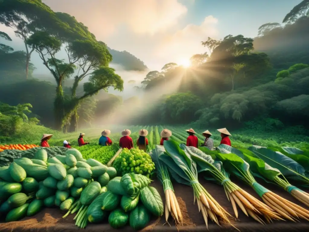 Grupo indígena cosechando en bosque biodiverso, en armonía con la naturaleza