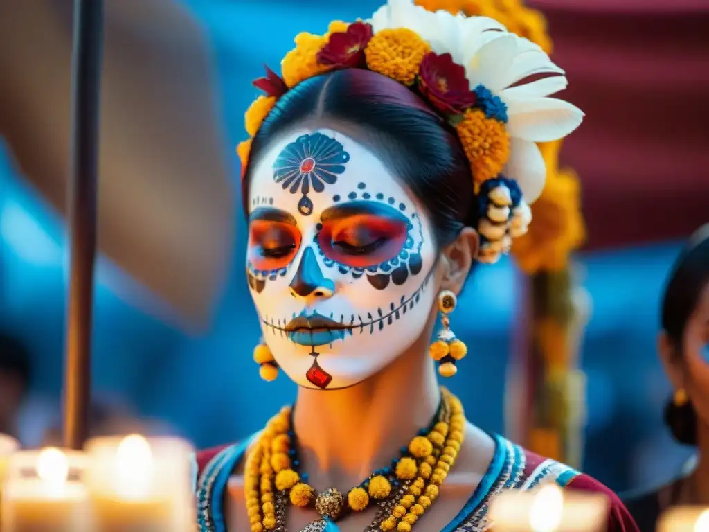 Grupo indígena pintando calaveras para Ceremonia Día de Muertos Indígena, entre velas y pétalos de cempasúchil