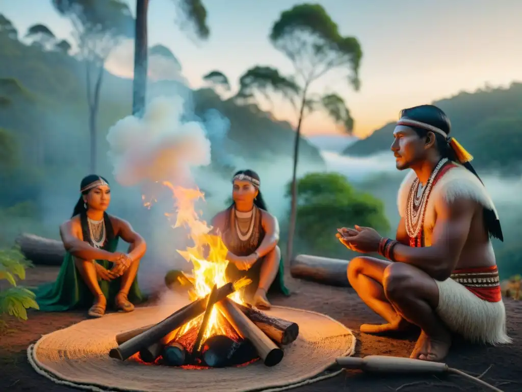 Grupo indígena en ceremonia ritual al atardecer en el bosque