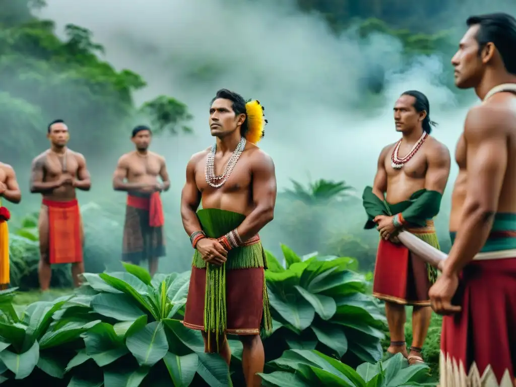 Grupo indígena en ceremonia rodeado de vegetación exuberante y vestimenta tradicional, transmitiendo orgullo y riqueza cultural