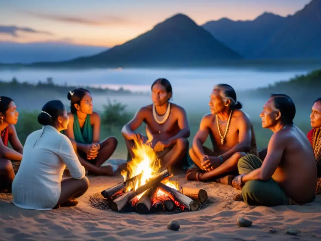 Grupo indígena escucha cuentos ancestrales alrededor del fuego bajo un cielo estrellado