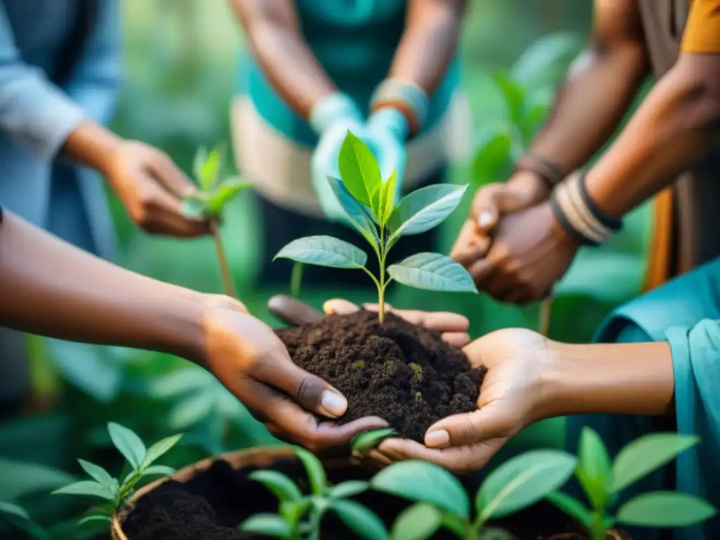 Grupo indígena en culturas indígenas plantando árboles en bosque verde, promoviendo Comercio justo en culturas indígenas