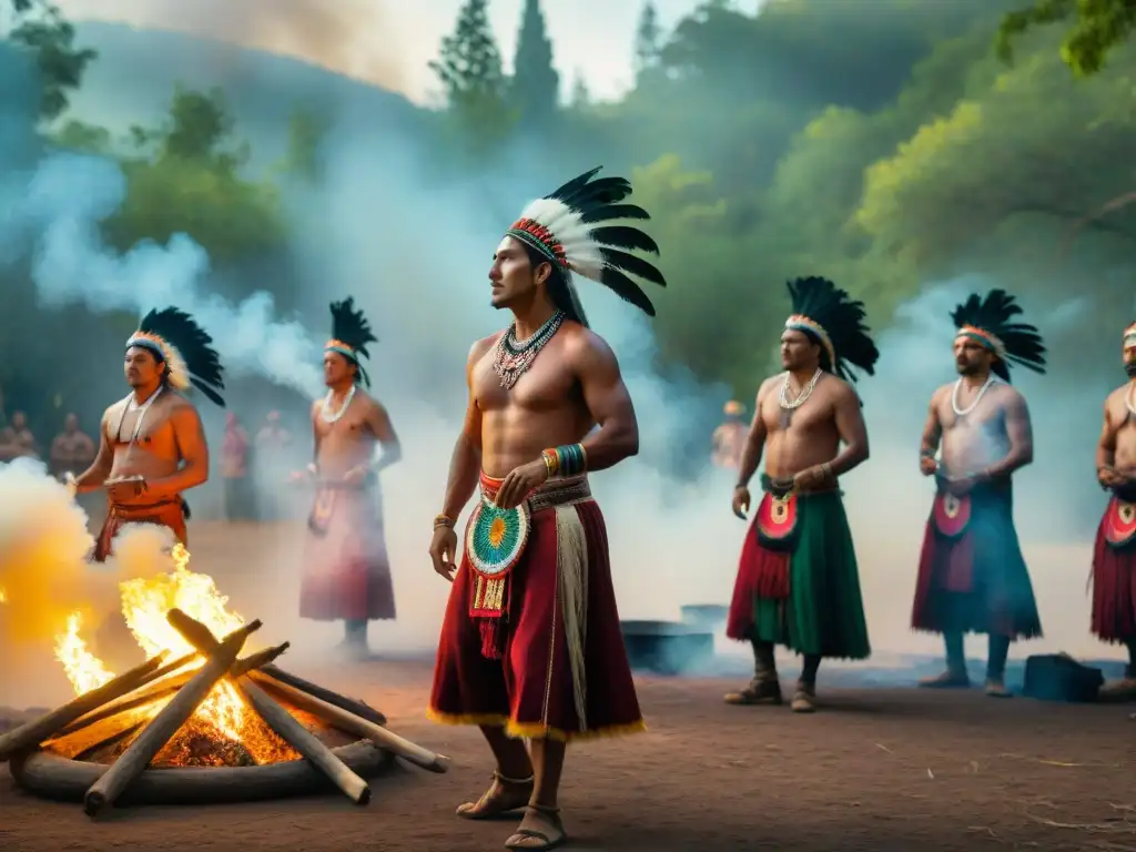 Grupo indígena en la Danza del Sol, con atuendos tradicionales coloridos, danzando alrededor del fuego sagrado