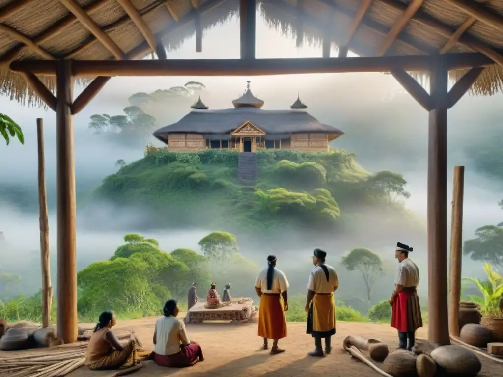 Restauración ancestral: comunidad indígena unida preservando su historia Un grupo indígena restaura una estructura ancestral con técnicas tradicionales en comunidad