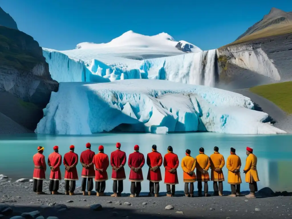 Grupo indígena frente a glaciar derretido, impacto en sus culturas