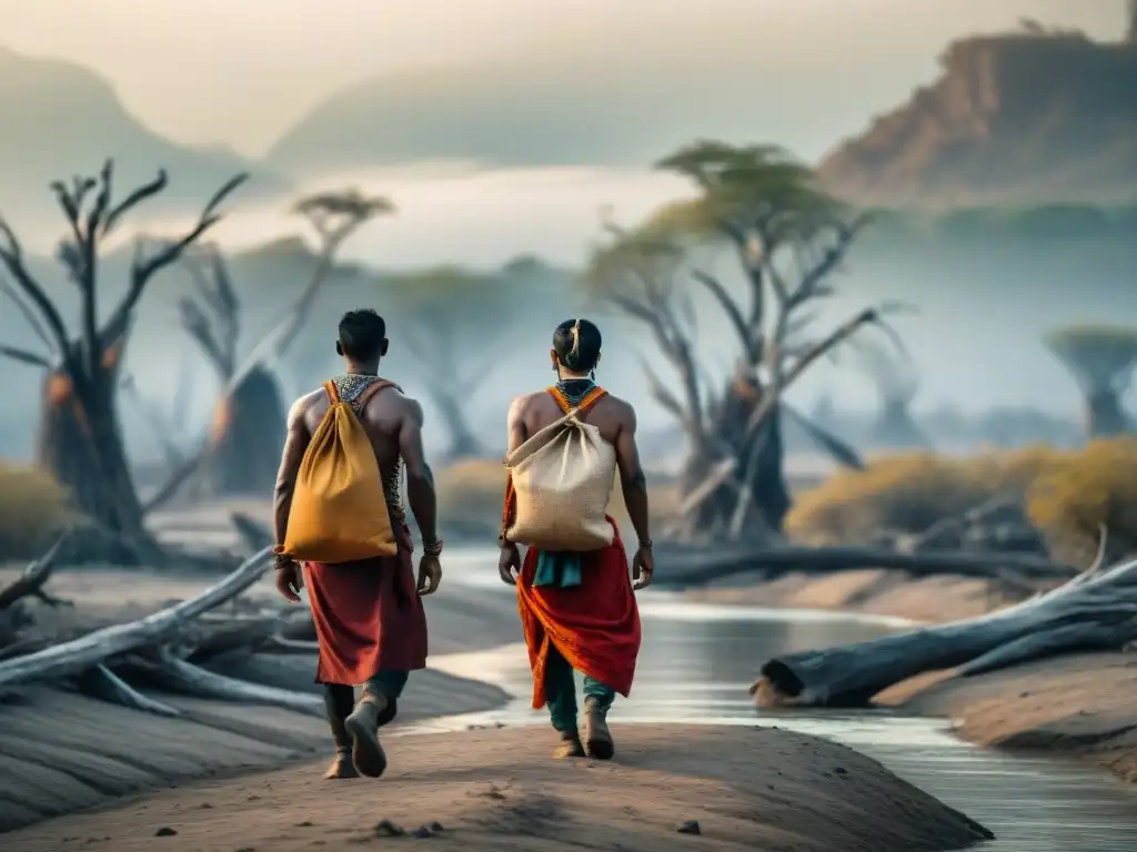 Grupo indígena camina en paisaje desolado, reflejando desplazamiento por cambio climático