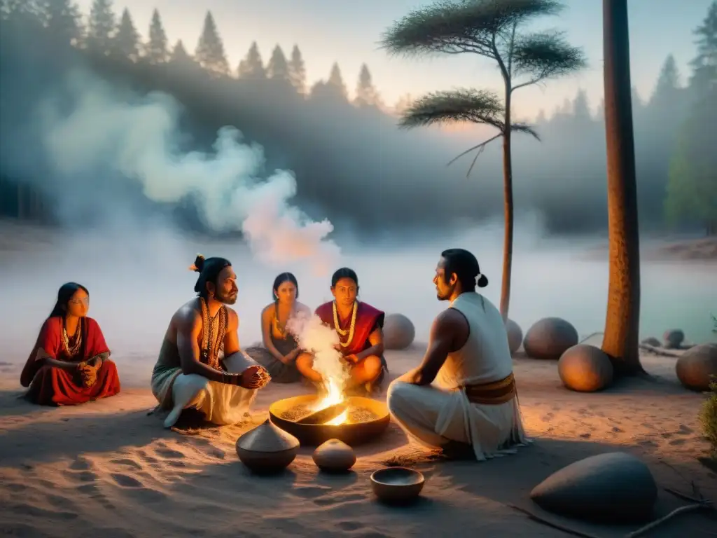 Ritual de purificación al amanecer: conexión espiritual con la naturaleza Grupo indígena en ritual de purificación al amanecer, envuelto en humo de hierbas sagradas