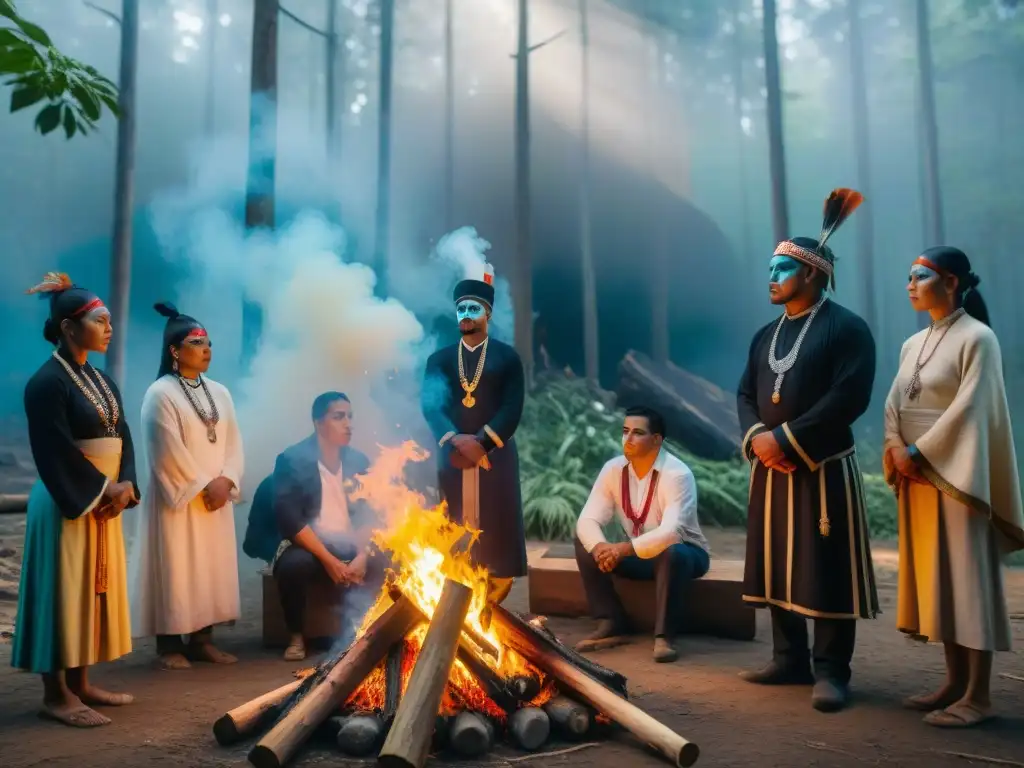 Grupo indígena en ritual funerario en la selva: rostros solemnidad y tradición