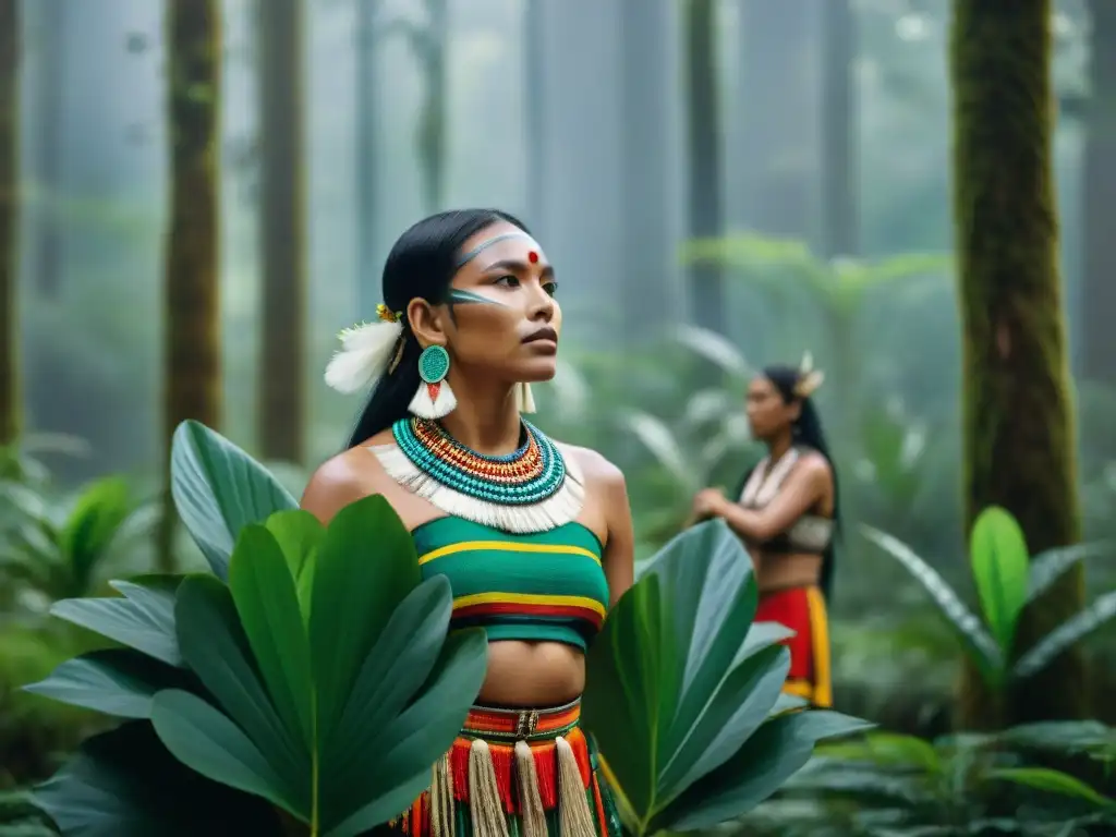 Grupo indígena en ritual sagrado en la selva, detalle de vestimenta y naturaleza exuberante, en experiencia de realidad virtual