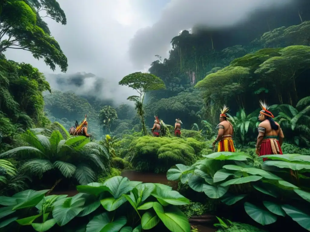 Grupo indígena en la selva amazónica, con vestimenta tradicional y artesanías