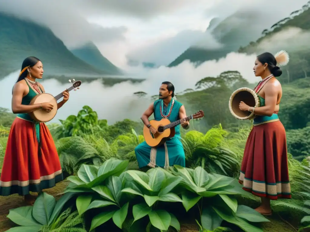 Grupo indígena en la selva tocando instrumentos tradicionales, expresando resistencia y orgullo cultural