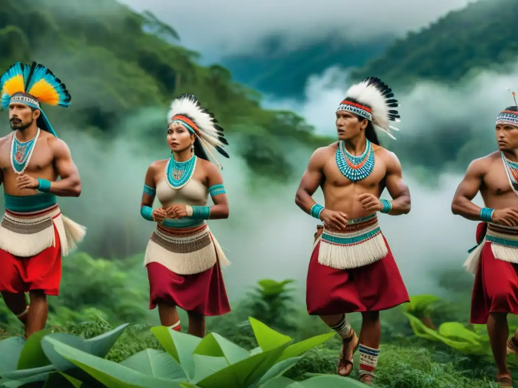 Danza ancestral: expresiones vibrantes en la selva Grupo indígena danzando en la selva, trajes vibrantes y expresiones profundas