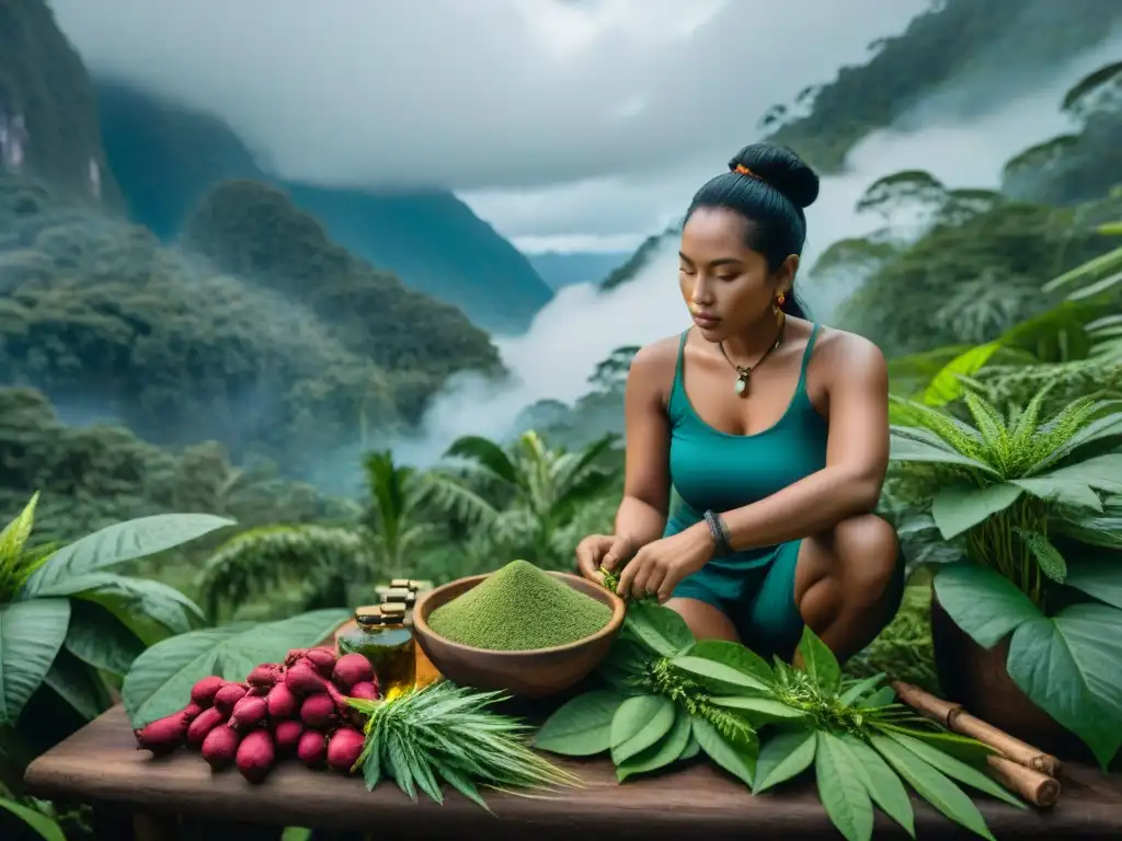 Grupo indígena preparando suplementos naturales seguros en la selva biodiversa