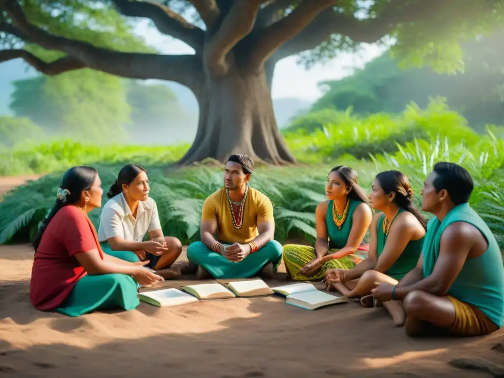 Grupo indígena en taller de preservación lingüística bajo un árbol