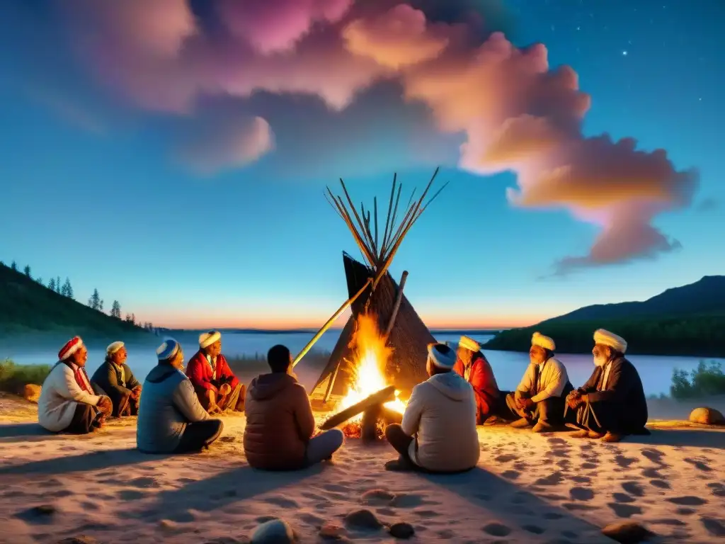 Un grupo indígena vibrante se reúne alrededor de una fogata escuchando historias ancestrales bajo un cielo estrellado