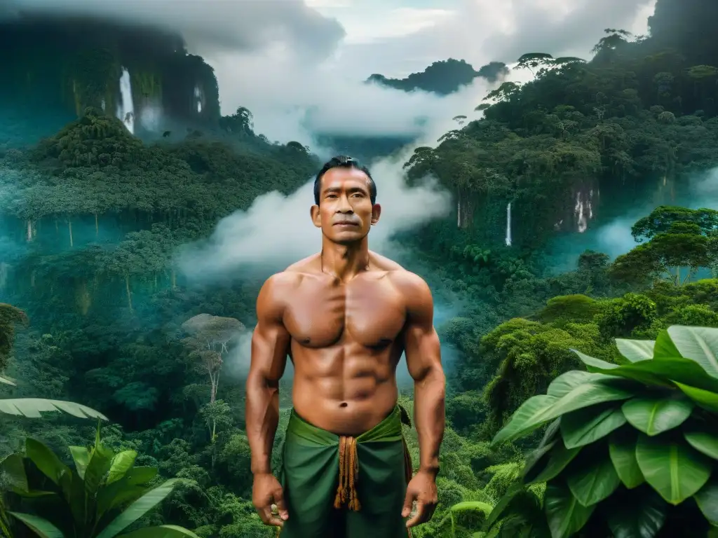 Grupo de indígenas amazónicos orgullosos, con atuendos tradicionales, en la exuberante selva