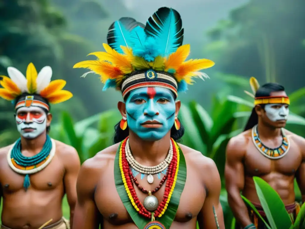 Un grupo de indígenas amazónicos en vestimenta tradicional, en ritual ceremonial