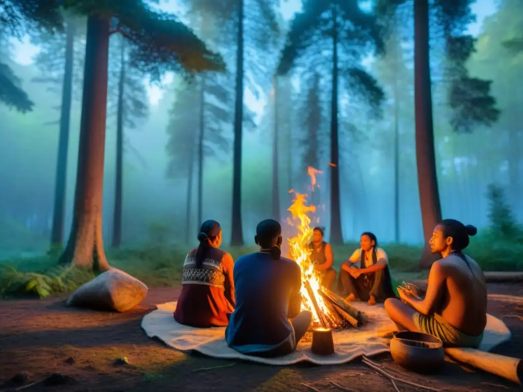 Un grupo de indígenas escucha a un anciano contar historias alrededor de una fogata en el bosque