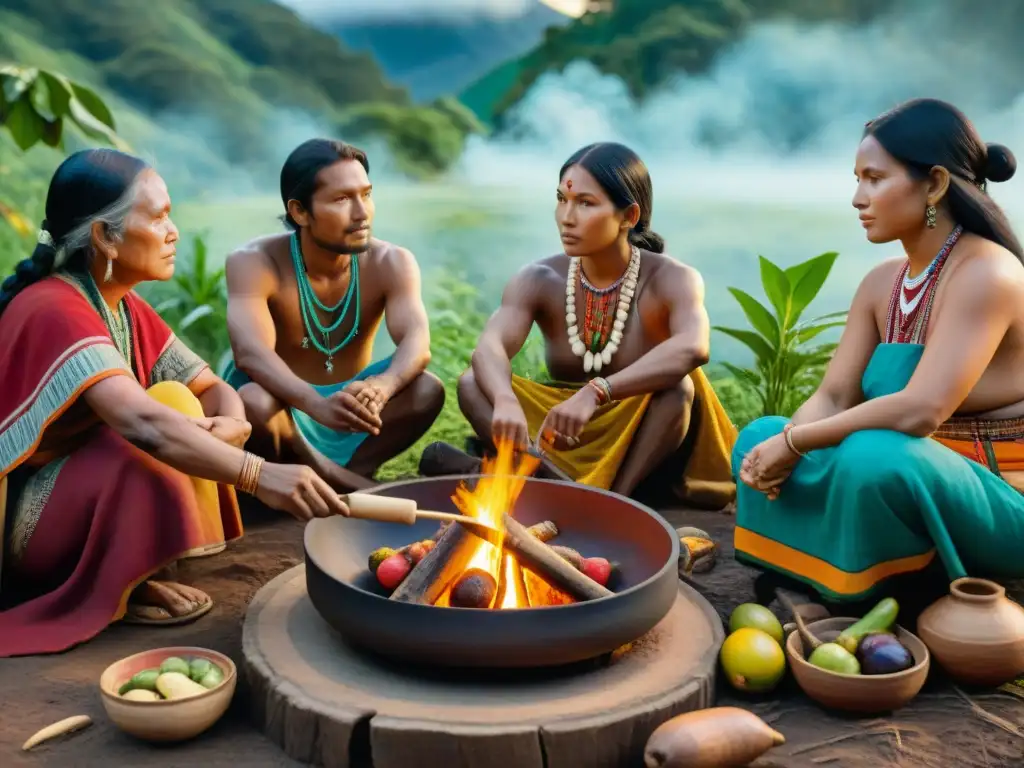 Un grupo de indígenas cocinando una comida tradicional alrededor del fogón en la selva