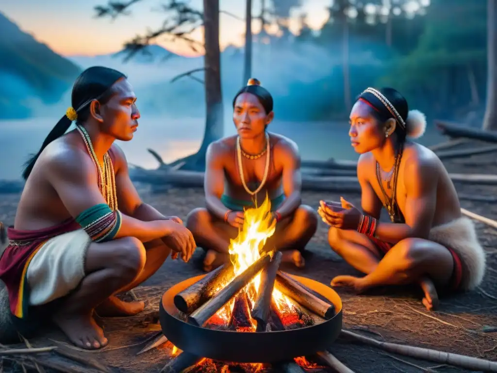 Un grupo de indígenas se reúne alrededor de una fogata en un claro del bosque, realizando un ritual espiritual bajo un cielo estrellado