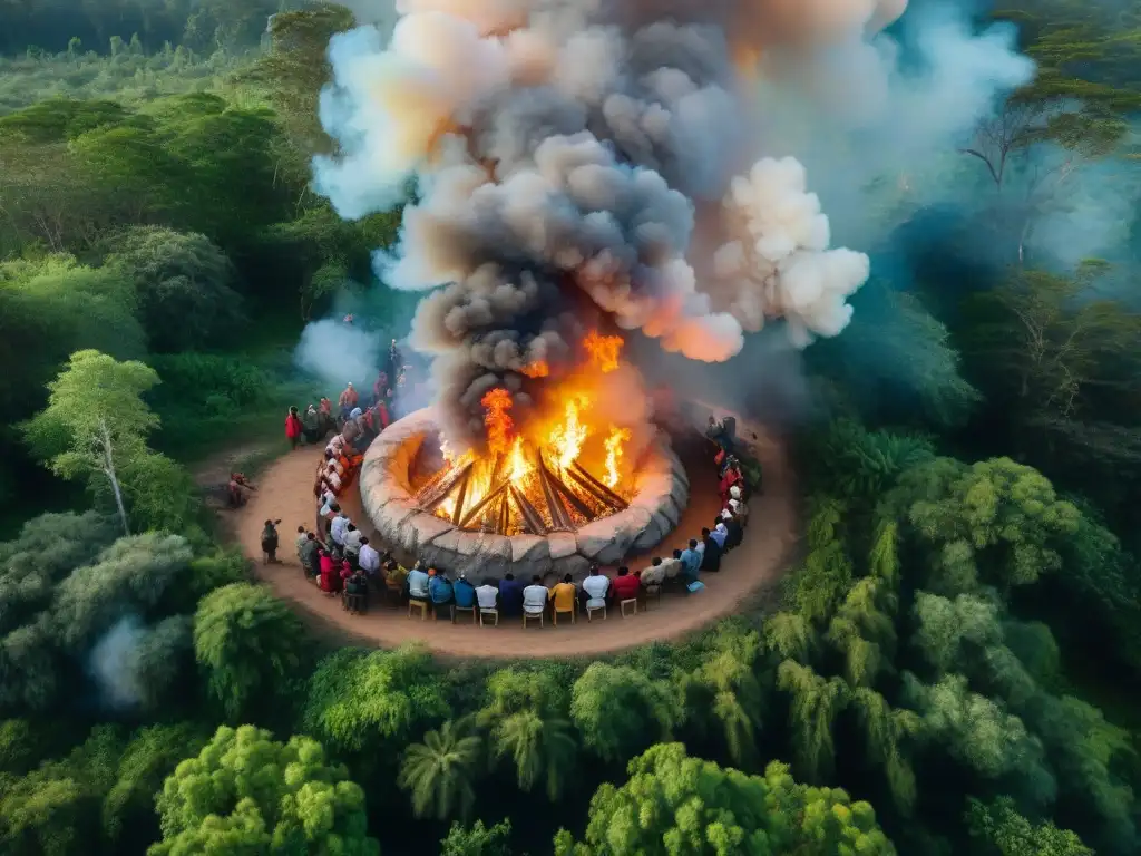 Grupo de indígenas alrededor de fogata en selva exuberante