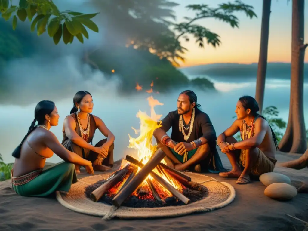 Encuentro ancestral: indígenas junto a fogata en la selva Un grupo de indígenas se reúne alrededor de una fogata en la selva, representando la diversidad cultural de América