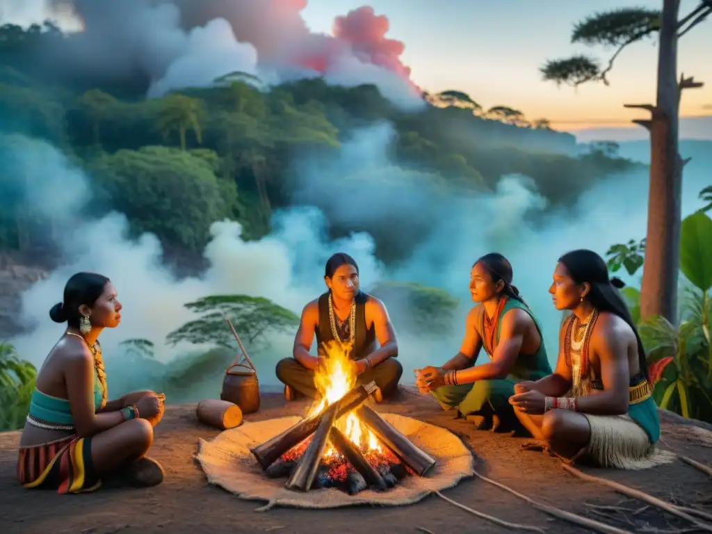 Un grupo de indígenas se reúne alrededor de un fuego sagrado en la selva, con vestimenta tradicional y colores vibrantes