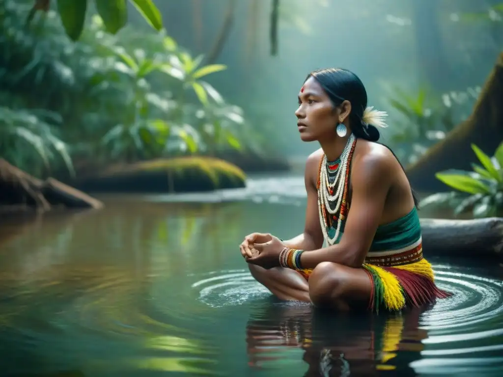 Un grupo de indígenas se reúne alrededor de una fuente de agua en la selva, con vestimenta tradicional y expresiones solemnes