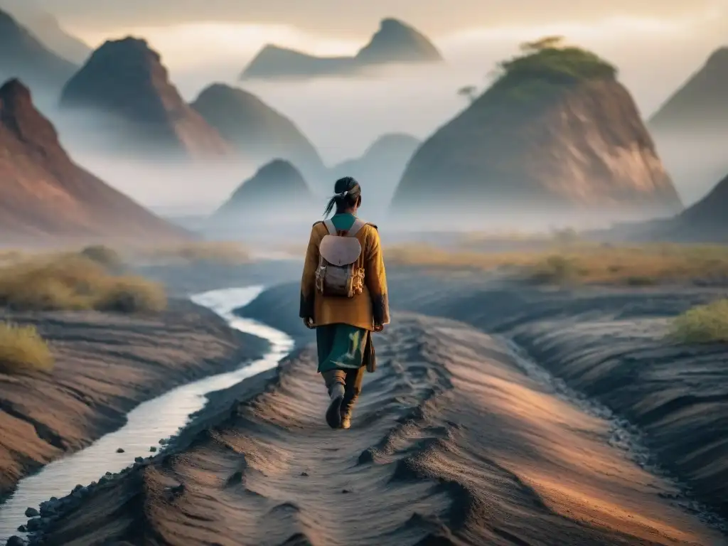 Un grupo de indígenas camina por un paisaje desolado, reflejando el desplazamiento indígena por cambio climático