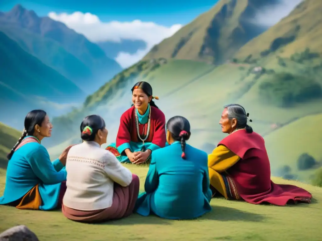 Grupo de indígenas Quechua conversando animadamente al aire libre entre montañas verdes, vistiendo coloridos trajes tradicionales