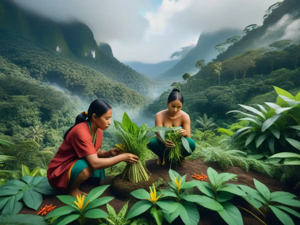 Un grupo de indígenas cosechando remedios herbales en la selva