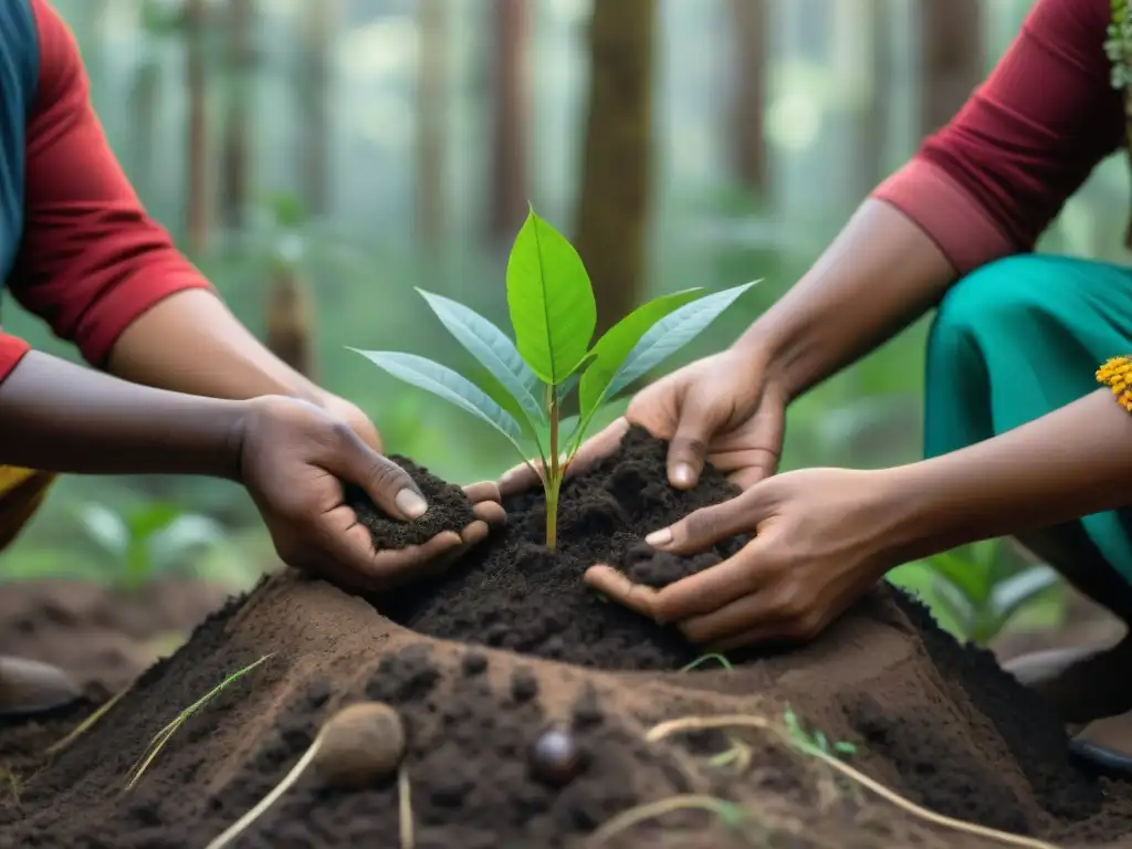 Un grupo de indígenas realiza reforestación indígena para la restauración en un bosque exuberante