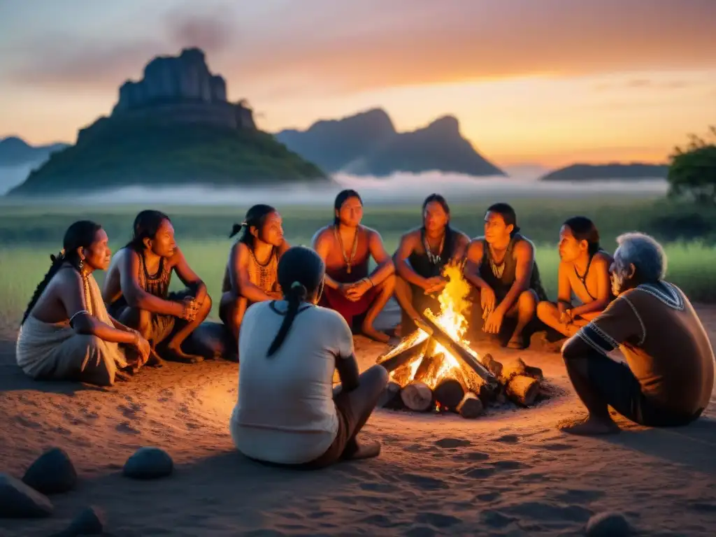 Un grupo de indígenas reunidos alrededor de una fogata al atardecer, compartiendo historias de lucha indígena contemporánea