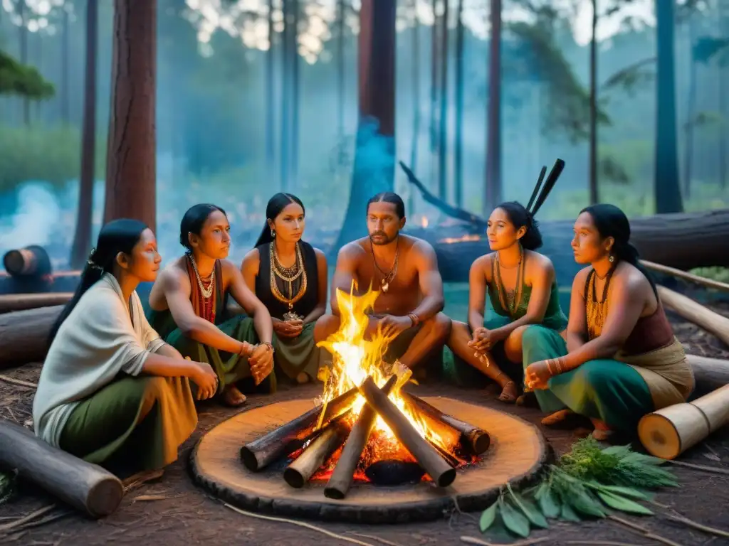 Grupo de indígenas en ritual sagrado alrededor de fogata en bosque místico