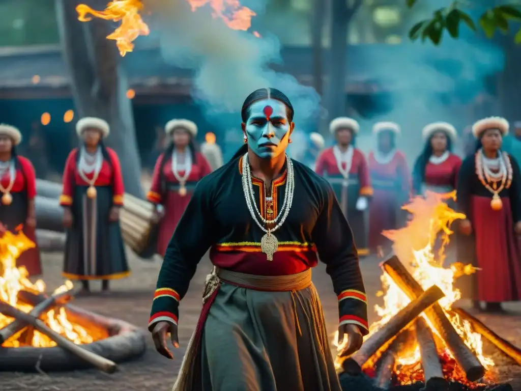 Un grupo de indígenas en rituales funerarios Américas danza alrededor de una fogata, iluminando sus atuendos y pinturas faciales vibrantes