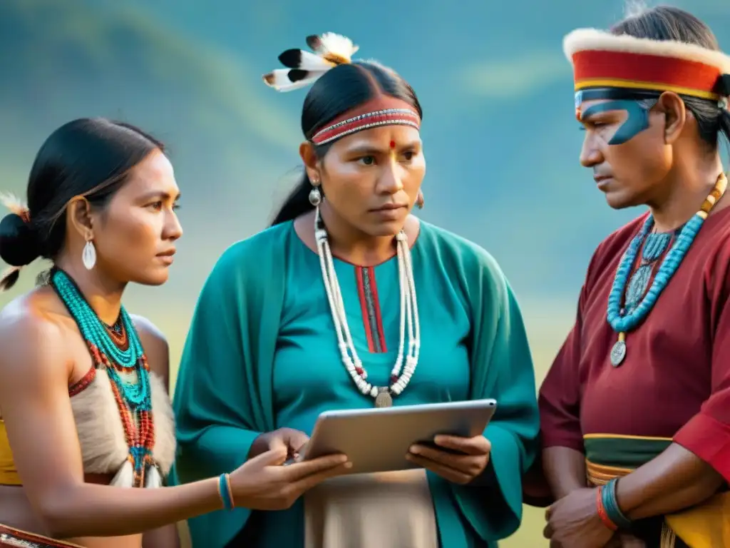 Un grupo de indígenas colaborando en una tablet, uniendo tradición y modernidad en la lucha por sus derechos