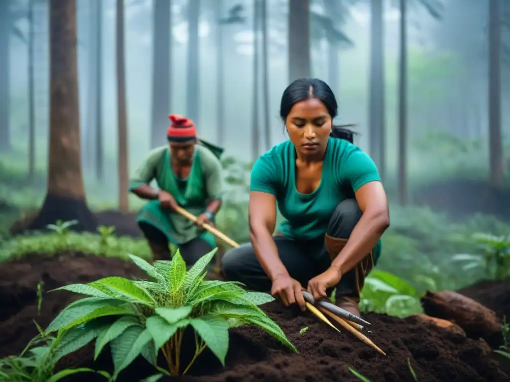 Un grupo de indígenas recupera un territorio degradado en un bosque verde, simbolizando esperanza y resiliencia