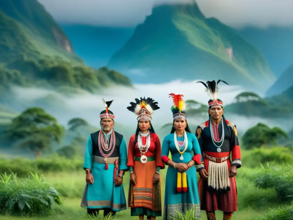 Un grupo de indígenas en su tierra ancestral, vistiendo trajes tradicionales con colores vibrantes