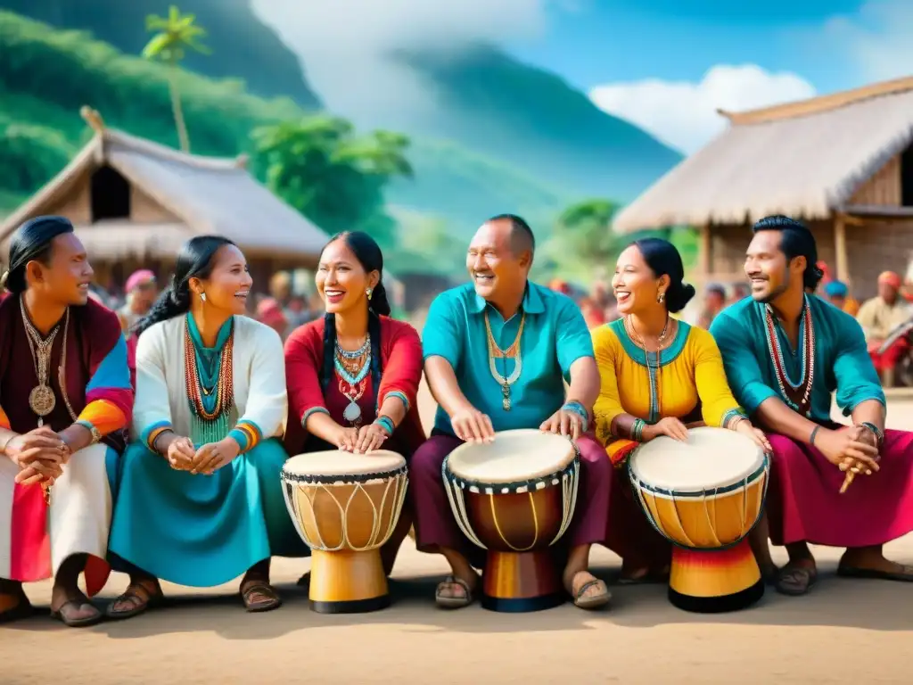 Un grupo de indígenas en trajes coloridos tocan música tradicional en una plaza vibrante